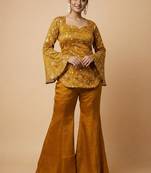 women's shimmer silk embroidered kurta palazzo set