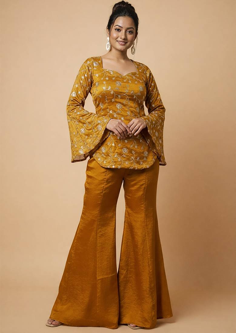 women's shimmer silk embroidered kurta palazzo set