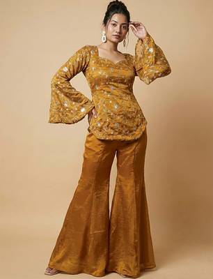 women's shimmer silk embroidered kurta palazzo set 2