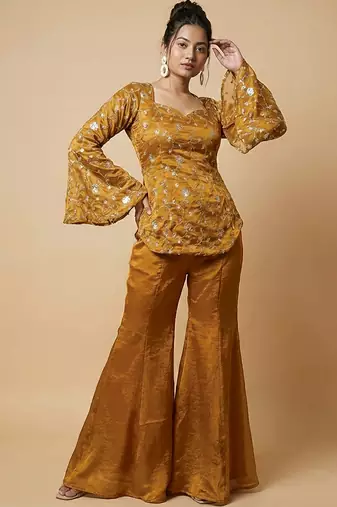 women's shimmer silk embroidered kurta palazzo set