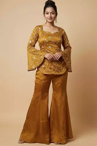 women's shimmer silk embroidered kurta palazzo set