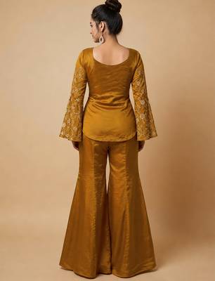 women's shimmer silk embroidered kurta palazzo set 4