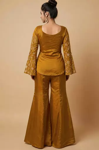women's shimmer silk embroidered kurta palazzo set