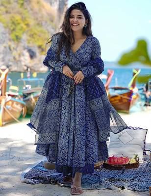 women's cotton blend printed angarkha kurta palazzo with dupatta set 1