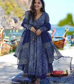 women's cotton blend printed angarkha kurta palazzo with dupatta set