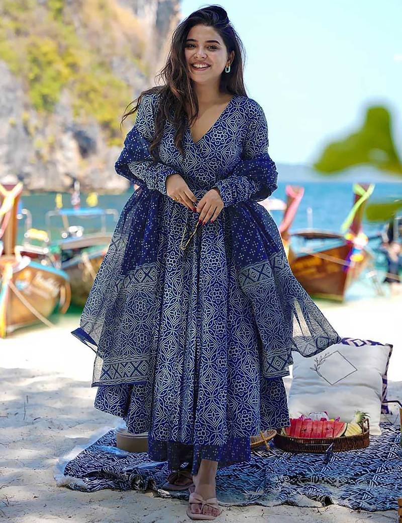 women's cotton blend printed angarkha kurta palazzo with dupatta set