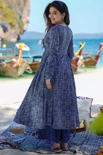 women's cotton blend printed angarkha kurta palazzo with dupatta set
