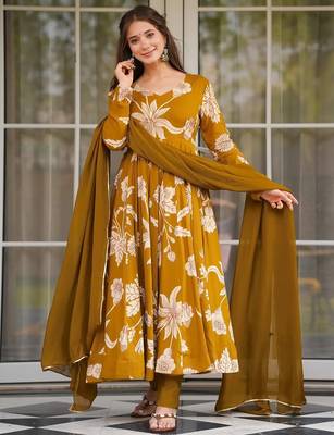 women's cotton blend printed anarkali kurta pant with dupatta set 1