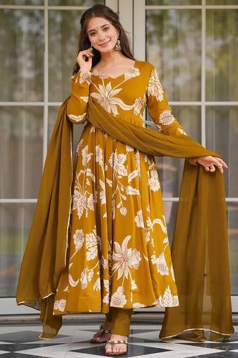 women's cotton blend printed anarkali kurta pant with dupatta set