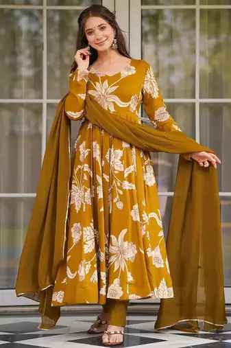 women's cotton blend printed anarkali kurta pant with dupatta set