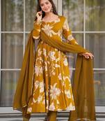 women's cotton blend printed anarkali kurta pant with dupatta set
