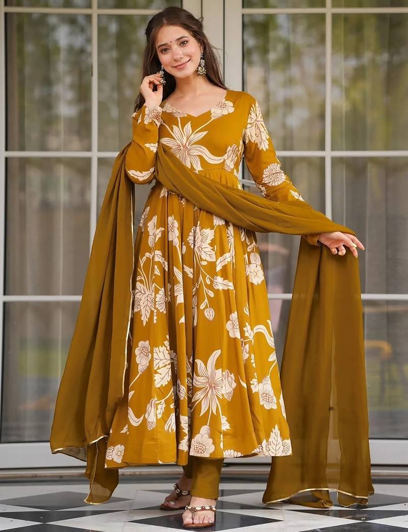 women's cotton blend printed anarkali kurta pant with dupatta set