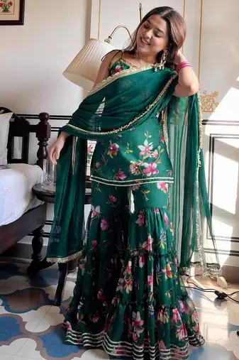 women's georgette printed kurta sharara with dupatta set