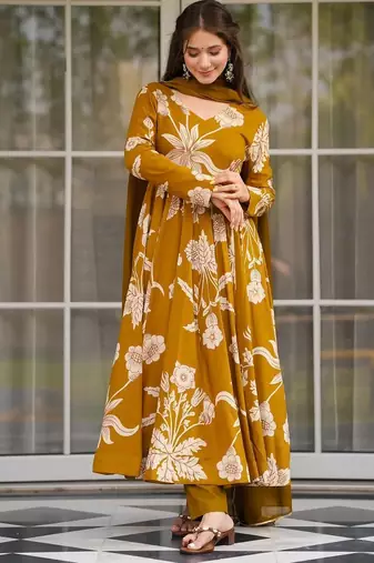 women's cotton blend printed anarkali kurta pant with dupatta set