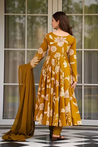 women's cotton blend printed anarkali kurta pant with dupatta set