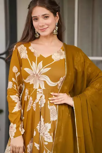 women's cotton blend printed anarkali kurta pant with dupatta set