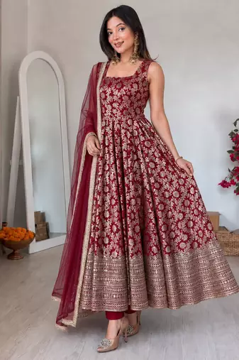 women's chanderi woven motiff anarkali kurta pant with dupatta set