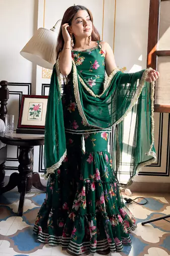 women's georgette printed kurta sharara with dupatta set