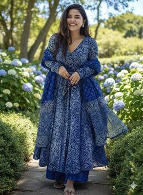 women's cotton blend printed angarkha kurta palazzo with dupatta set 1