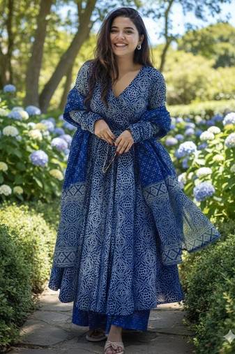 women's cotton blend printed angarkha kurta palazzo with dupatta set