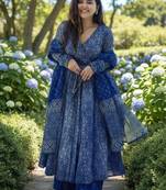 women's cotton blend printed angarkha kurta palazzo with dupatta set