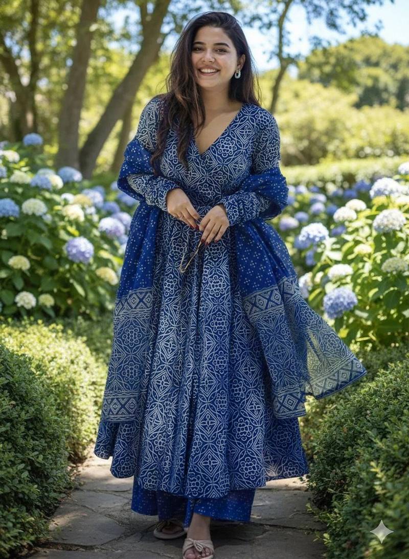 women's cotton blend printed angarkha kurta palazzo with dupatta set