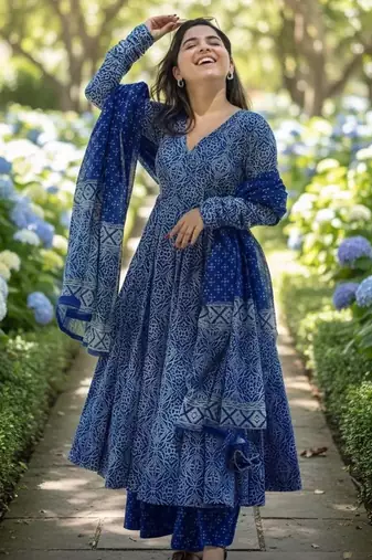 women's cotton blend printed angarkha kurta palazzo with dupatta set