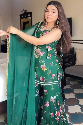 women's georgette printed kurta sharara with dupatta set