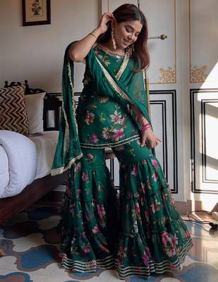 women's georgette printed kurta sharara with dupatta set 3
