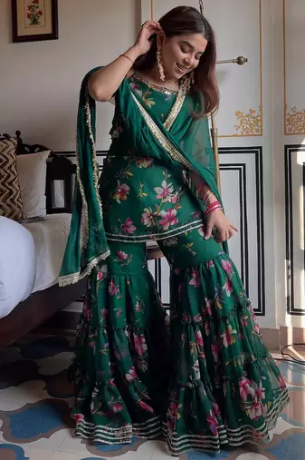women's georgette printed kurta sharara with dupatta set