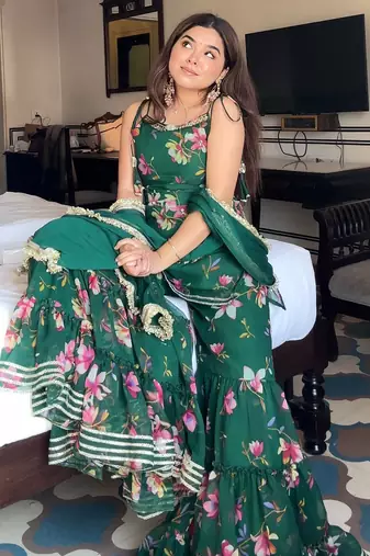 women's georgette printed kurta sharara with dupatta set