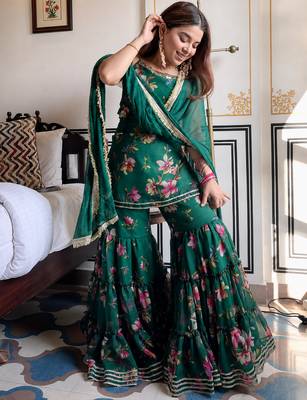 women's georgette printed kurta sharara with dupatta set 3