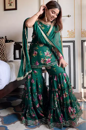 women's georgette printed kurta sharara with dupatta set