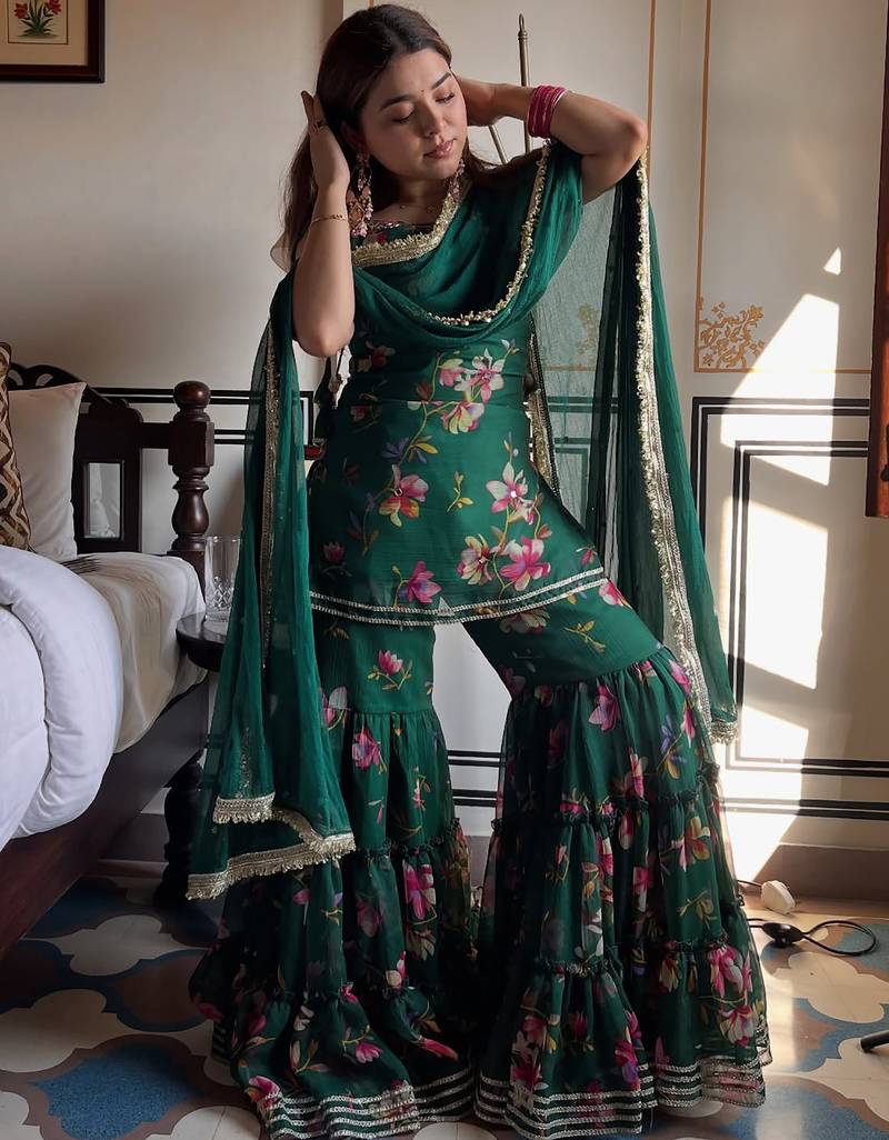 women's georgette printed kurta sharara with dupatta set
