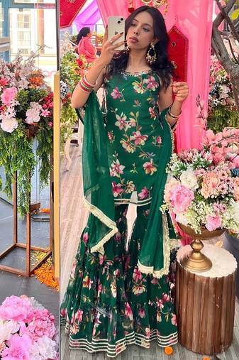 women's georgette printed kurta sharara with dupatta set