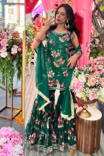 women's georgette printed kurta sharara with dupatta set