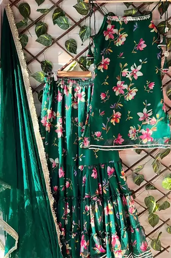 women's georgette printed kurta sharara with dupatta set