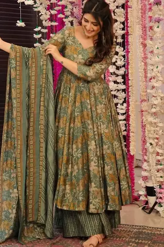 women's cotton blend printed anarkali kurta palazzo with dupatta set