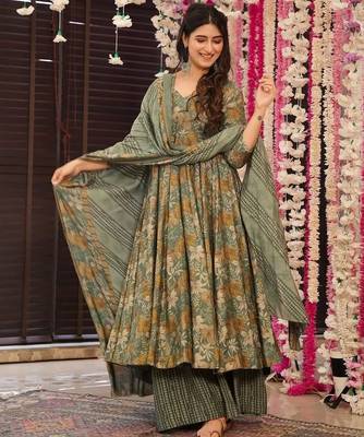 women's cotton blend printed anarkali kurta palazzo with dupatta set 2