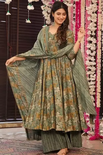 women's cotton blend printed anarkali kurta palazzo with dupatta set