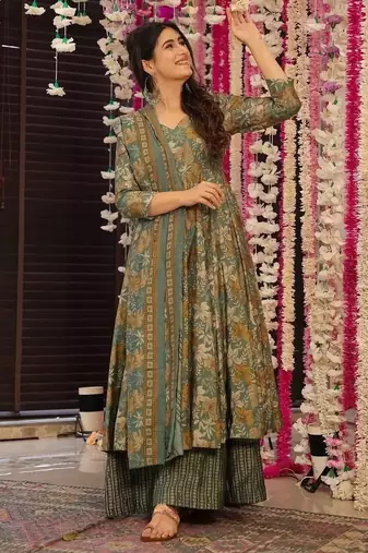 women's cotton blend printed anarkali kurta palazzo with dupatta set