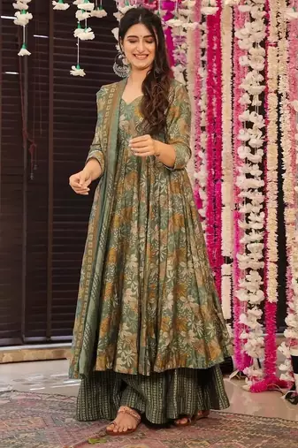 women's cotton blend printed anarkali kurta palazzo with dupatta set