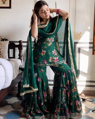 women's georgette printed kurta sharara with dupatta set 4