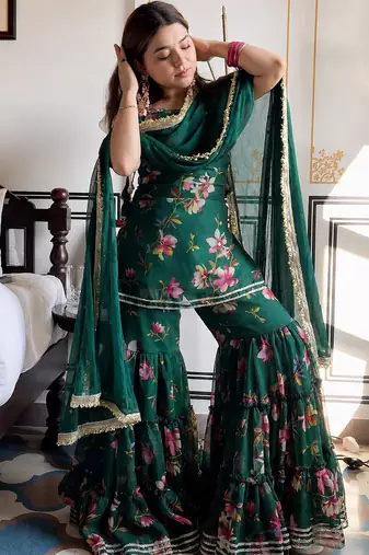 women's georgette printed kurta sharara with dupatta set