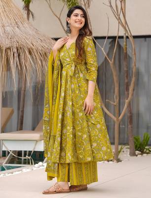 women's cotton blend printed anarkali kurta palazzo with dupatta set 1