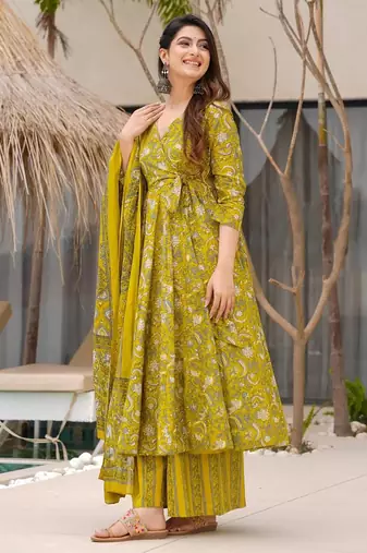 women's cotton blend printed anarkali kurta palazzo with dupatta set