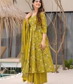 women's cotton blend printed anarkali kurta palazzo with dupatta set