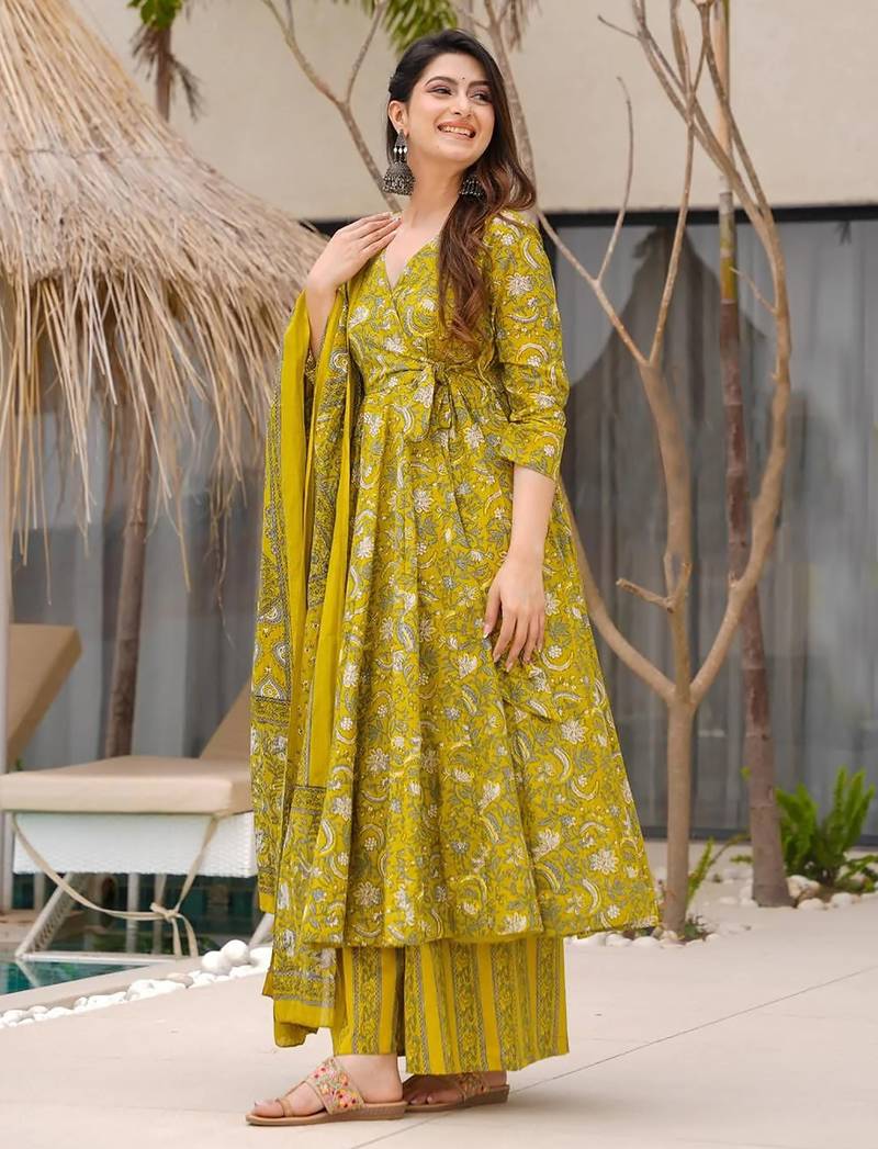 women's cotton blend printed anarkali kurta palazzo with dupatta set