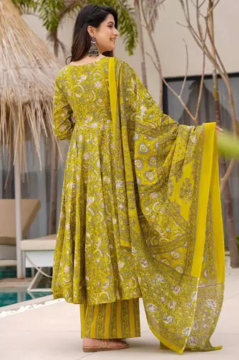 women's cotton blend printed anarkali kurta palazzo with dupatta set