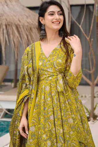 women's cotton blend printed anarkali kurta palazzo with dupatta set